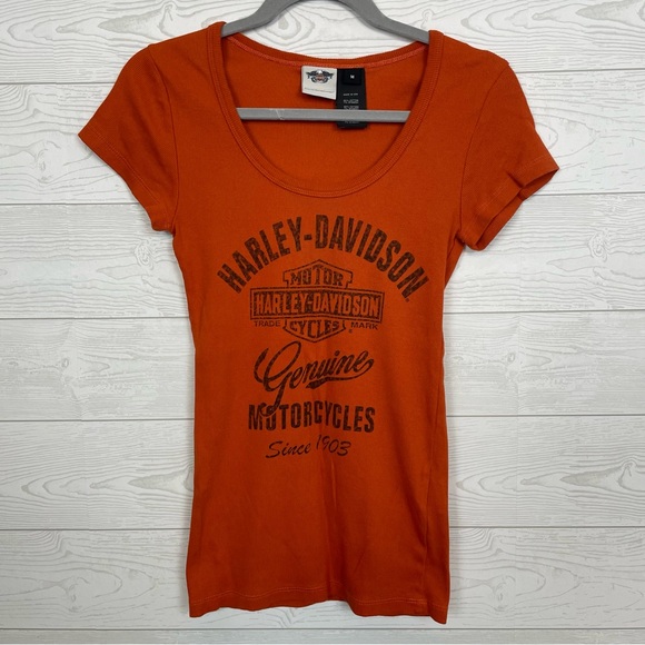 Harley-Davidson Orange Ribbed Graphic T-Shirt Size Medium - Picture 1 of 5